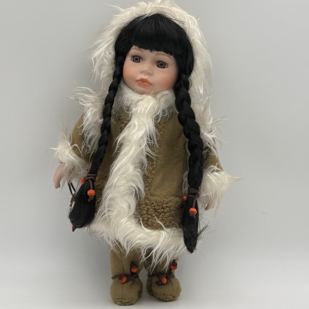 Vintage Porcelain Inuit Doll 12" Green Parka Faux Fur Trim Braids Fish Accessory
